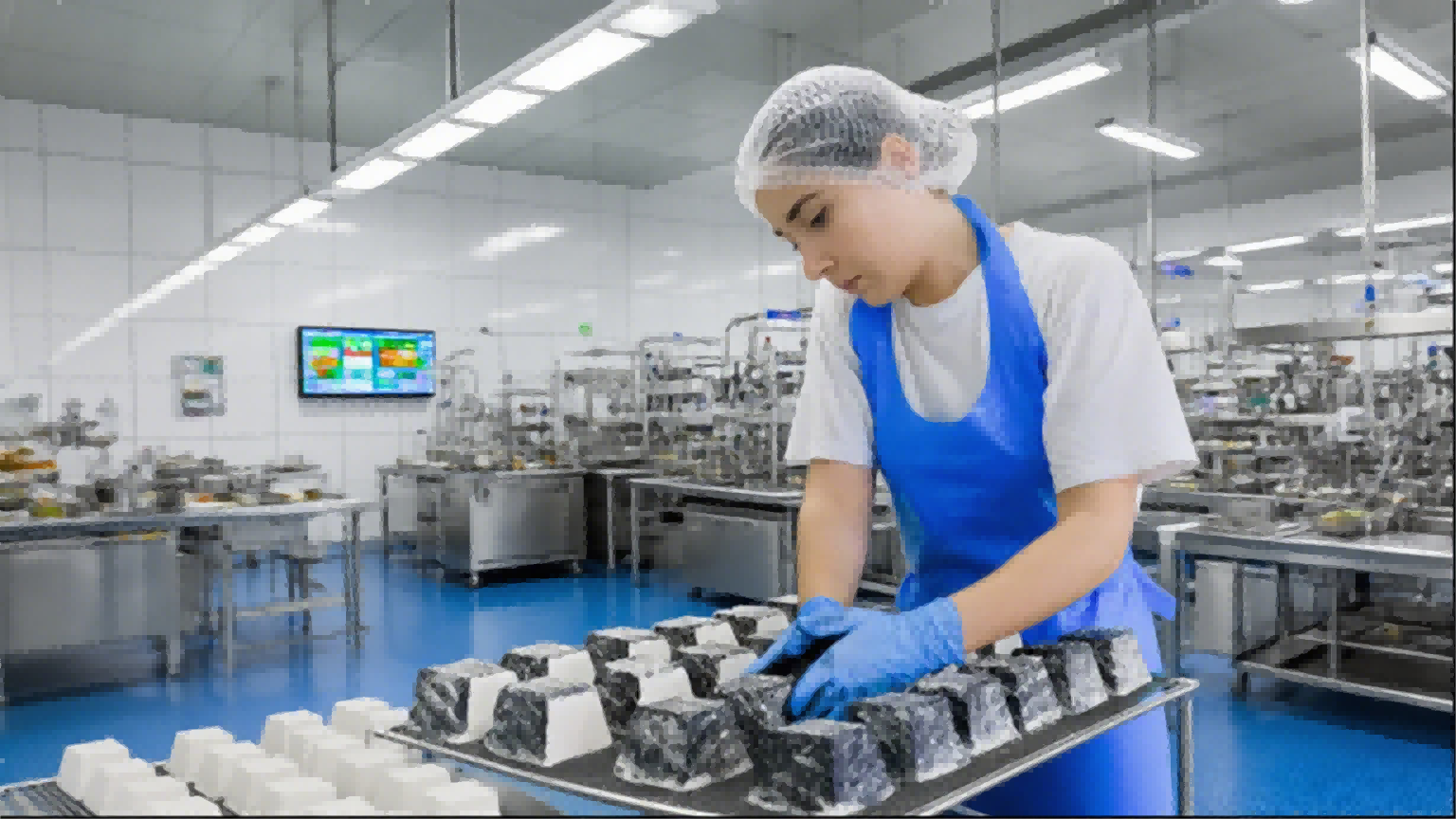 Работник для производства продуктов питания в сетке для волос и перчатках работает с блоками сыра на подносе на чистой фабрике.
