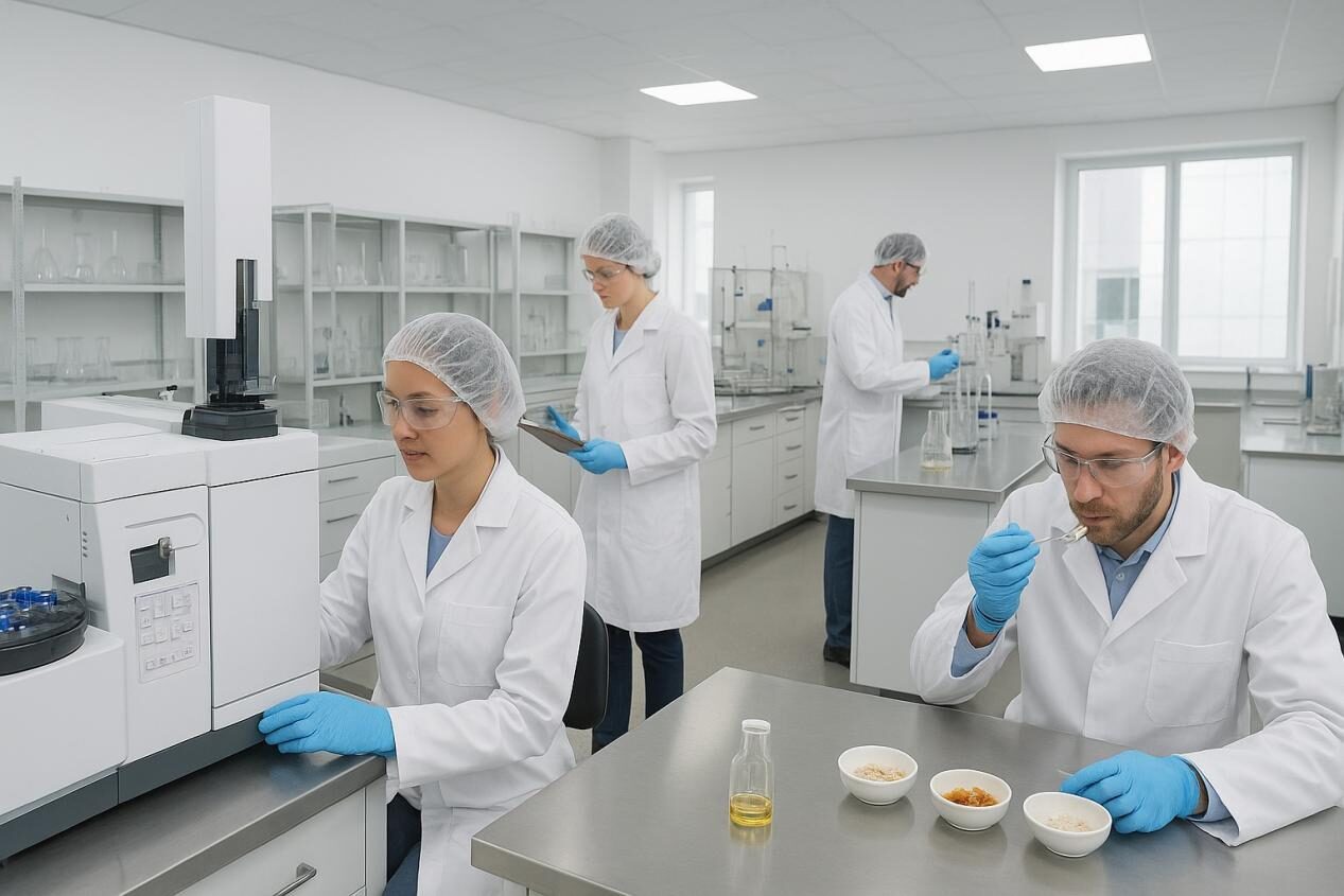 Laboratoire professionnel des sciences alimentaires avec des scientifiques utilisant des instruments de précision comme GC-MS et effectuant des évaluations sensorielles, symbolisant un contrôle de qualité rigoureux et une analyse précise des saveurs.