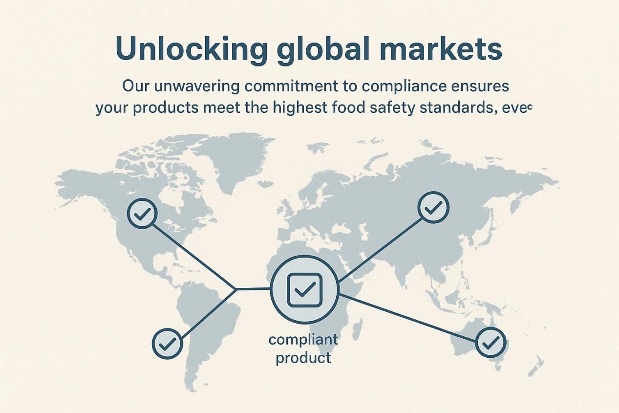 Infografía de mapa mundial minimalista con regiones resaltadas marcadas por marcas de verificación, conectadas a un ícono de producto que cumple con el centro. El subtítulo dice: "Desbloquear los mercados globales: nuestro compromiso inquebrantable con el cumplimiento asegura que sus productos cumplan con los más altos estándares de seguridad alimentaria, en todas partes".