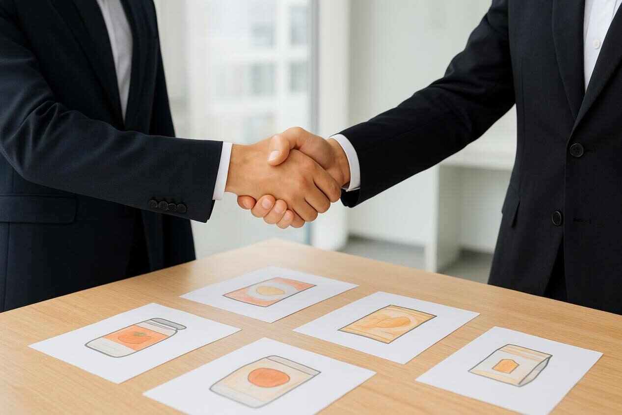 Image professionnelle de deux hommes d'affaires serrant la main sur une table avec des croquis de produits alimentaires, symbolisant la confiance, la collaboration et les partenariats de fournisseurs de saveurs fiables dans un cadre moderne.