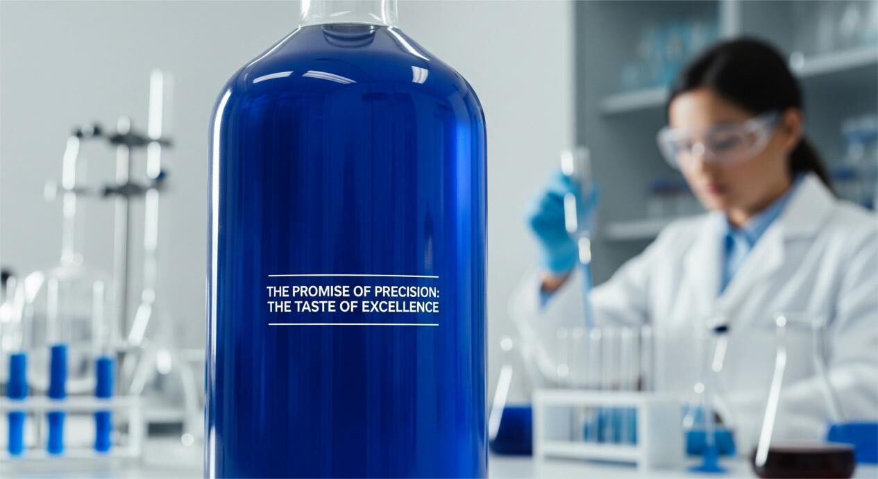 Une photographie rapprochée et de haute qualité d'une seule bouteille parfaitement mélangée d'un produit. La bouteille est magnifiquement éclairée sans séparation dans le liquide. Une image subtile et hors de mise au point d'un scientifique d'un banc de laboratoire est en arrière-plan.