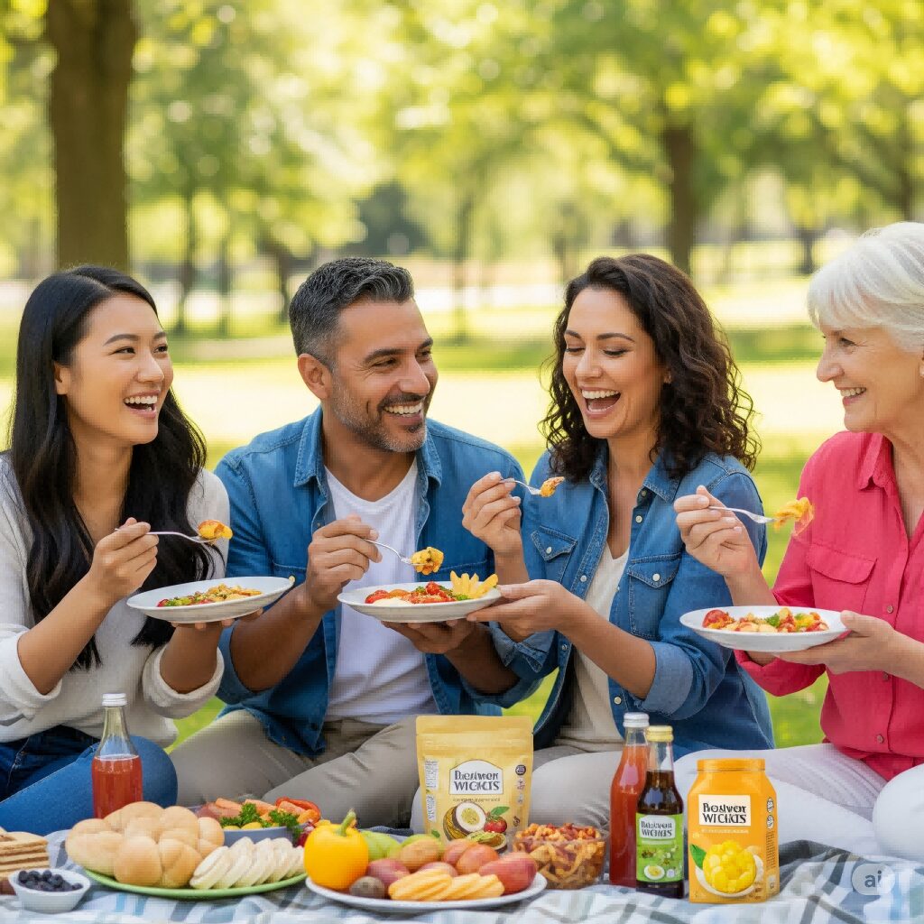 Los consumidores que disfrutan de diversos alimentos y bebidas mejoradas con cuiguai con soluciones de sabor de grado alimenticio y de grado alimenticio.