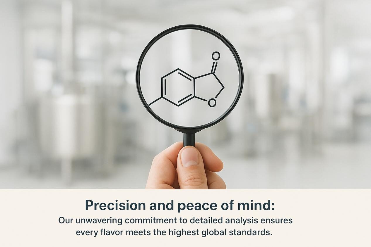 Imagen minimalista de una mano que sostiene una lupa sobre una estructura molecular detallada, simbolizando la precisión científica y las controles de seguridad. El fondo borroso muestra una moderna instalación de fabricación de alimentos. El subtítulo dice: "Precisión y tranquilidad: nuestro compromiso inquebrantable con el análisis detallado asegura que cada sabor cumpla con los más altos estándares globales".