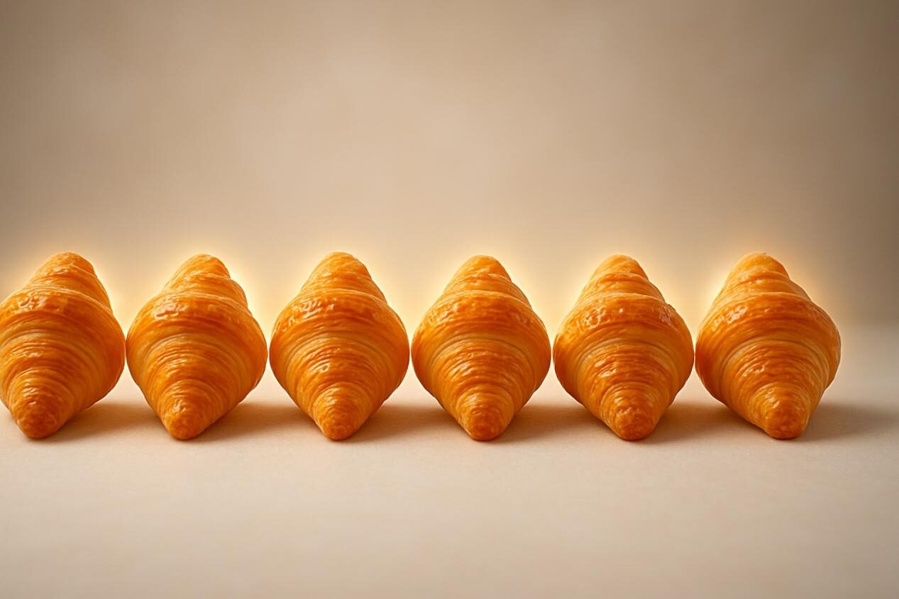 Rangée de pâtisseries identiques avec une aura brillante subtile, symbolisant la qualité cohérente des produits, la satisfaction des consommateurs et la fidélité durable de la marque.