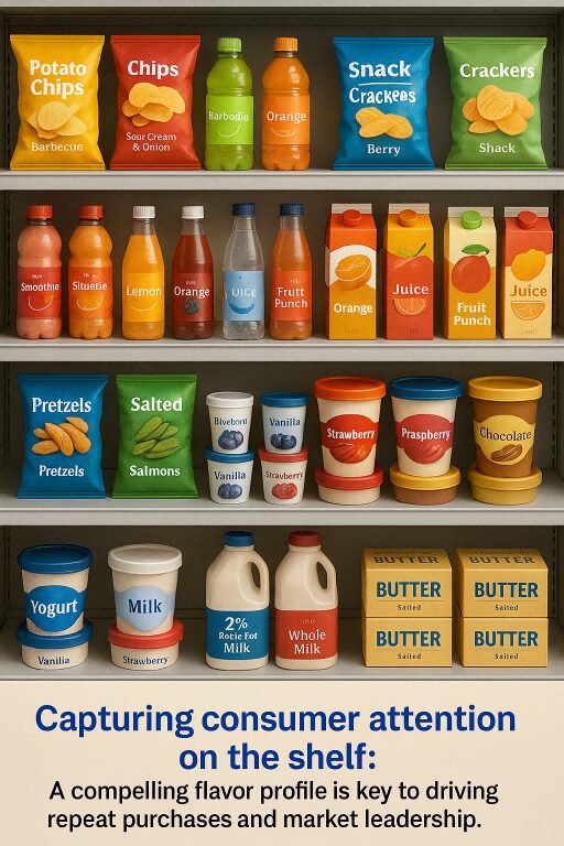Supermarket food and beverage products showcasing flavor integration with high-quality food-grade flavors by CUIGUAI Flavoring.