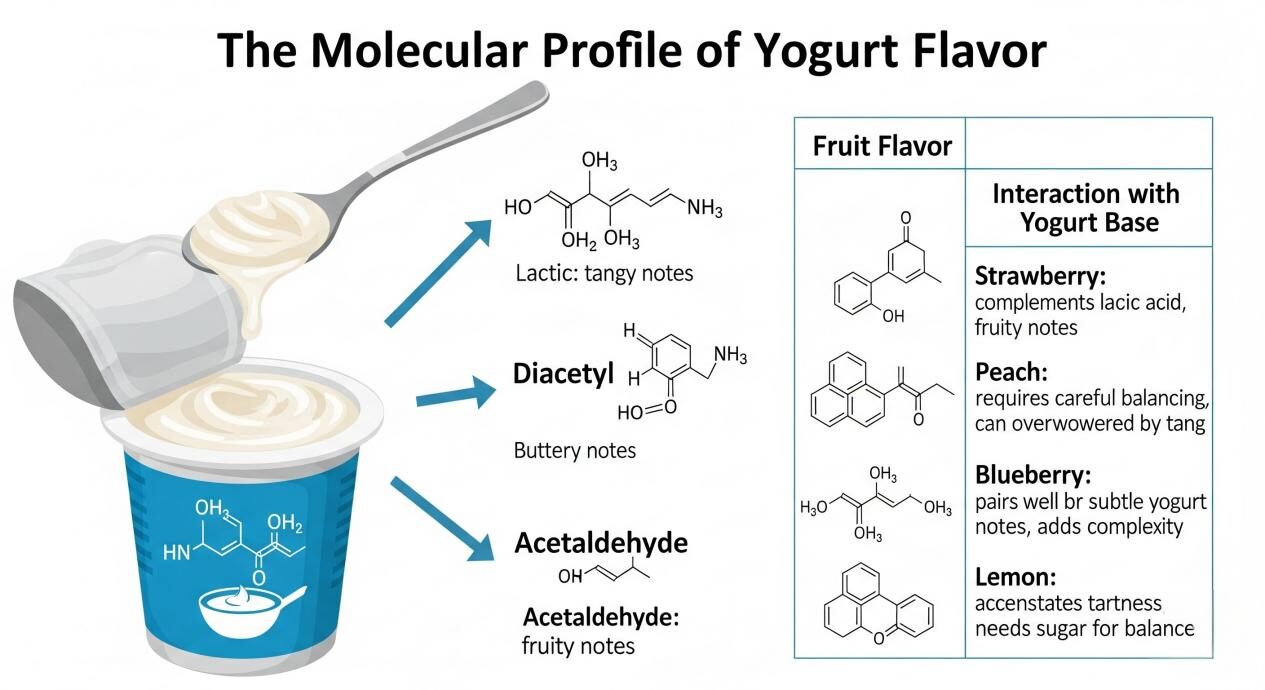 Un diagramme scientifique intitulé «Le profil moléculaire de la saveur du yogourt». Il montre un récipient de yaourt à gauche, avec des flèches pointant vers les structures chimiques de l'acide lactique, du diacétyle et de l'acétaldéhyde. À droite se trouve une table montrant comment les saveurs de fruits comme la fraise, la pêche, la myrtille et le citron interagissent avec la base de yaourt.