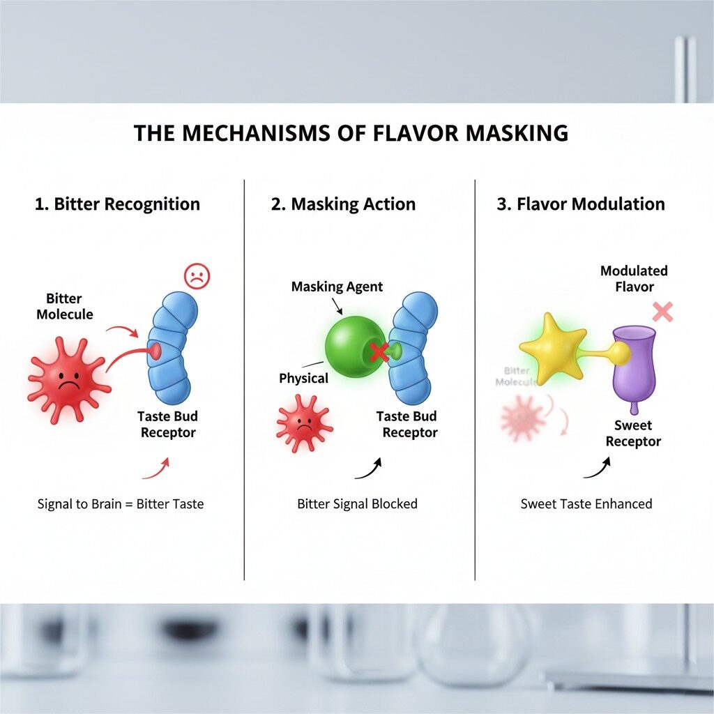Un diagrama técnico de tres paneles titulado "Los mecanismos de enmascaramiento de sabores". El panel 1, "Reconocimiento amargo", muestra una molécula roja y picante que interactúa con un receptor de papilas de gusto azul, lo que lleva a una señal de "sabor amargo" al cerebro. El panel 2, "Acción de enmascaramiento", muestra una molécula verde "agente de enmascaramiento" que bloquea físicamente la molécula amarga para unirse al receptor de papilas gustativas, etiquetada como "Señal amarga bloqueada". El panel 3, "Modulación de sabor", muestra una molécula de "sabor modulado" en forma de estrella que mejora un "receptor dulce púrpura", mientras que la molécula amarga se muestra menos efectiva y tachada, lo que indica "mejorado dulce". El fondo es una imagen borrosa de la cristalería de laboratorio.