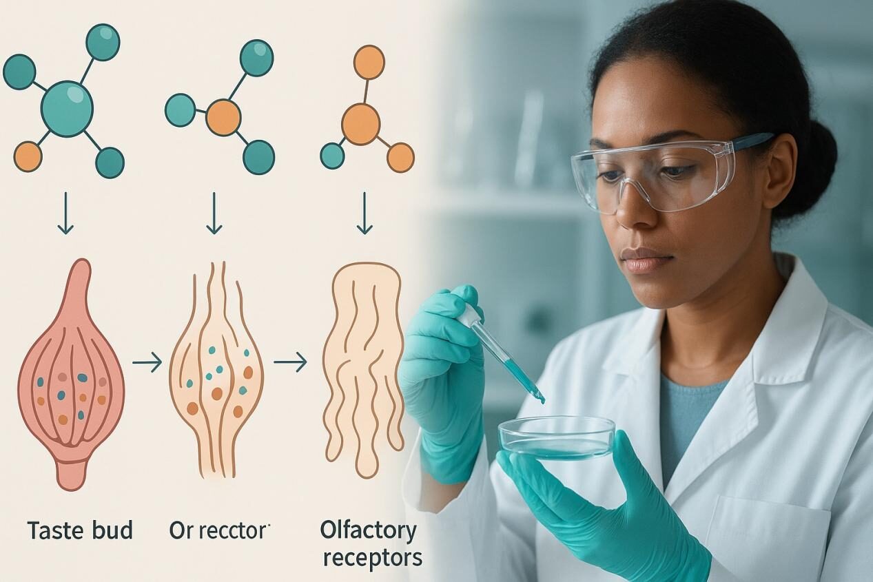 Una infografía realista que muestra vías de percepción del sabor, con moléculas estilizadas que interactúan con papilas gustativas y receptores olfativos, junto con un científico en un laboratorio que analiza los compuestos de sabor.