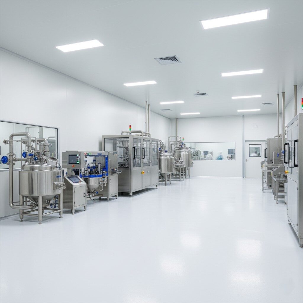 Широкий, профессиональный снимок современного, нетронутого производственного завода вкуса. Окружающая среда безупречно чистая, показывает гладкие, белые, герметичные стены и полы, отражая приверженность хорошим методам производства (GMP). Усовершенствованные механизм из нержавеющей стали и смешанные резервуары видны, блестящие под ярким, даже освещением. В снимке нет людей, подчеркивая автоматизированный и контролируемый характер окружающей среды. Пространство передает ощущение бесплодия, эффективности и высокотехнологичной точности производства вкуса.