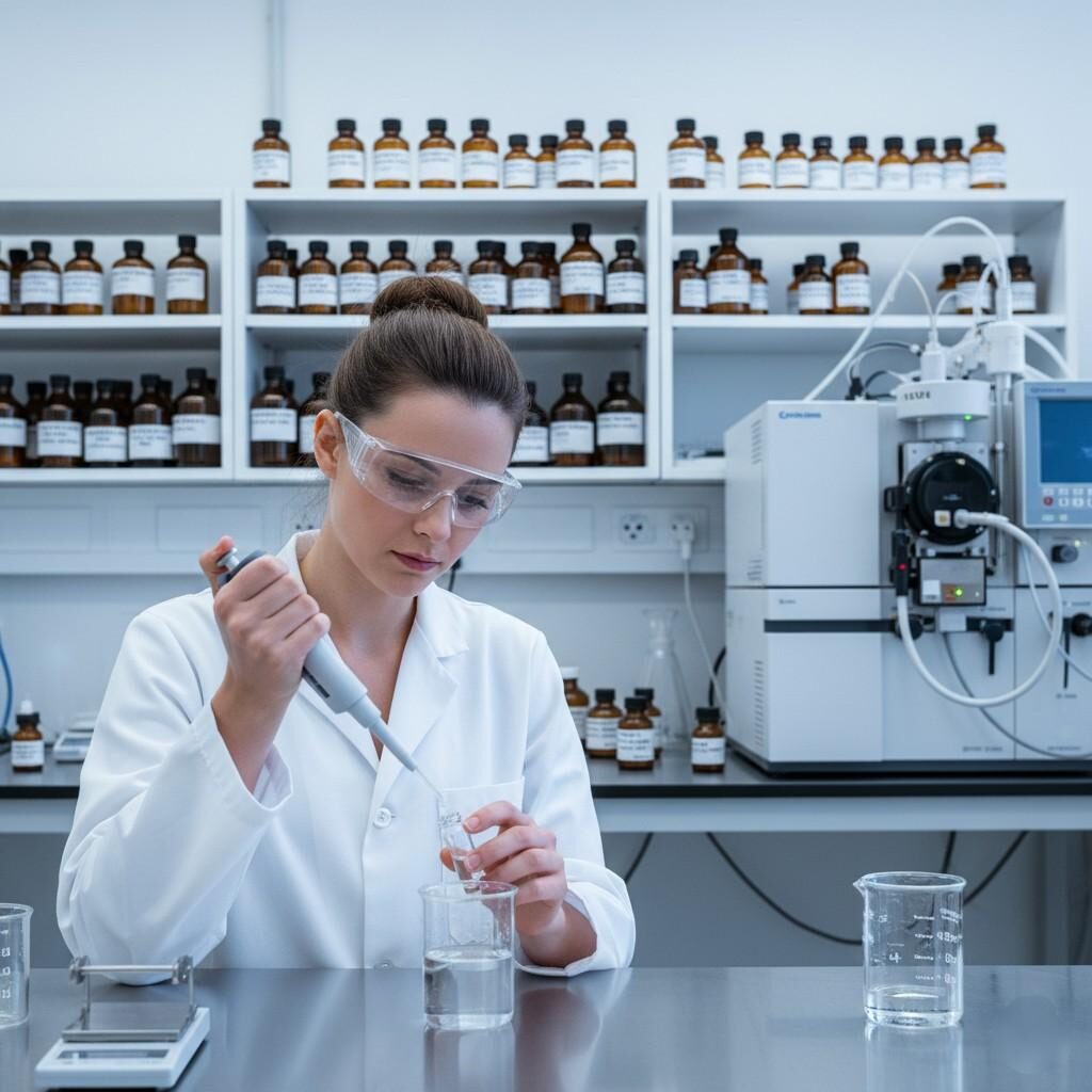 Une image réaliste et haute résolution 16: 9 représentant un laboratoire propre et moderne. Au premier plan, un chimiste de saveur ciblé, portant une blouse de laboratoire, pipea méticuleusement un liquide clair entre deux petits flacons. L'arrière-plan révèle des étagères remplies de centaines de bouteilles étiquetées précisément, suggérant une vaste gamme d'ingrédients de saveur. Un équipement analytique avancé, peut-être un chromatographe en phase gazeuse, est également visible, mettant en évidence la précision scientifique impliquée dans la création de saveurs. L'éclairage est brillant et même, mettant l'accent sur l'environnement stérile et professionnel.