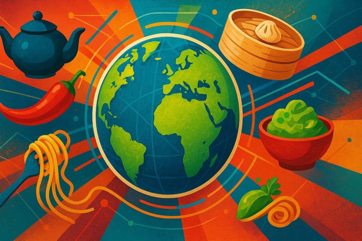 Un collage numérique dynamique avec un globe dynamique en son centre, entouré d'éléments de cuisine mondiale, y compris une théière, des poivrons, un bateau à vapeur, des pâtes et des sauces. Reliés par des lignes géométriques et des couleurs vibrantes, elles symbolisent la fusion des saveurs et de l'innovation mondiales.