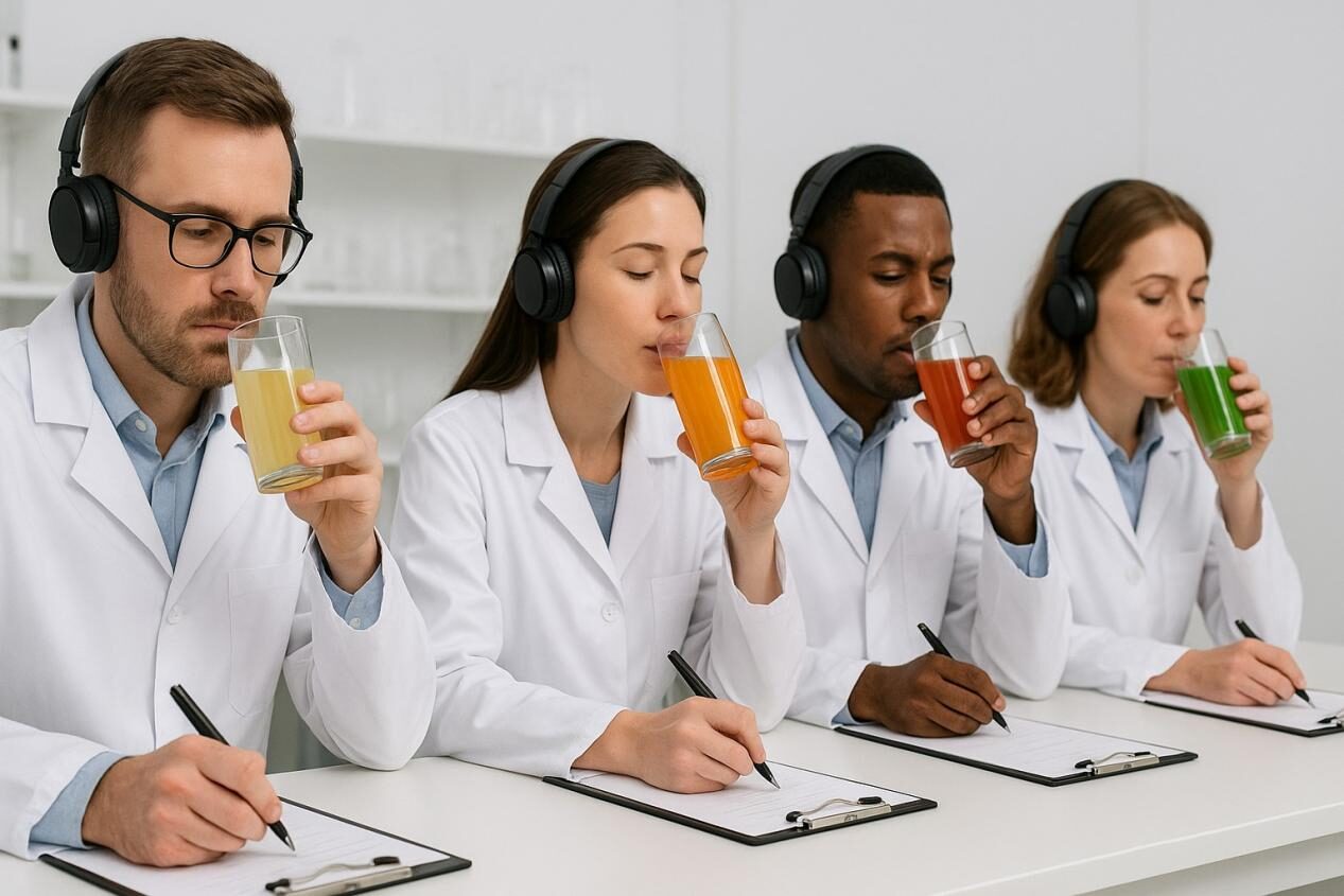 Panneau sensoriel formé évaluant les boissons aromatisées dans un environnement de laboratoire contrôlé.