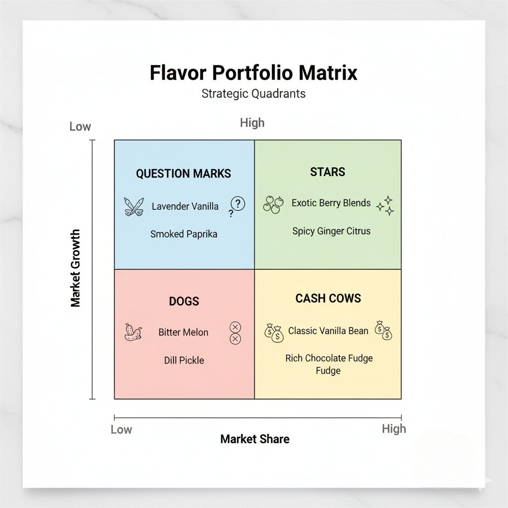 Matrice du portefeuille de saveurs avec quadrants stratégiques.