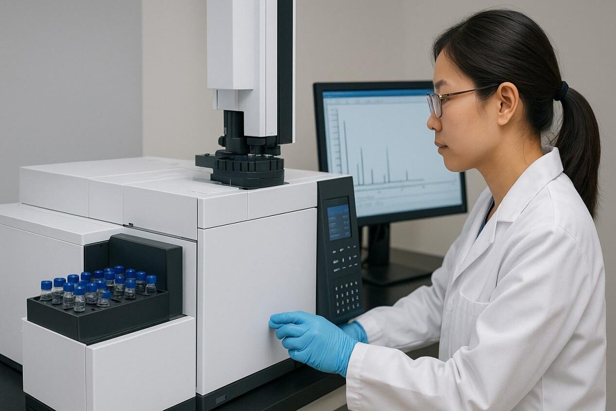 Analyste exécutant l'analyse GC - MS sur des échantillons de saveurs exotiques dans un laboratoire.
