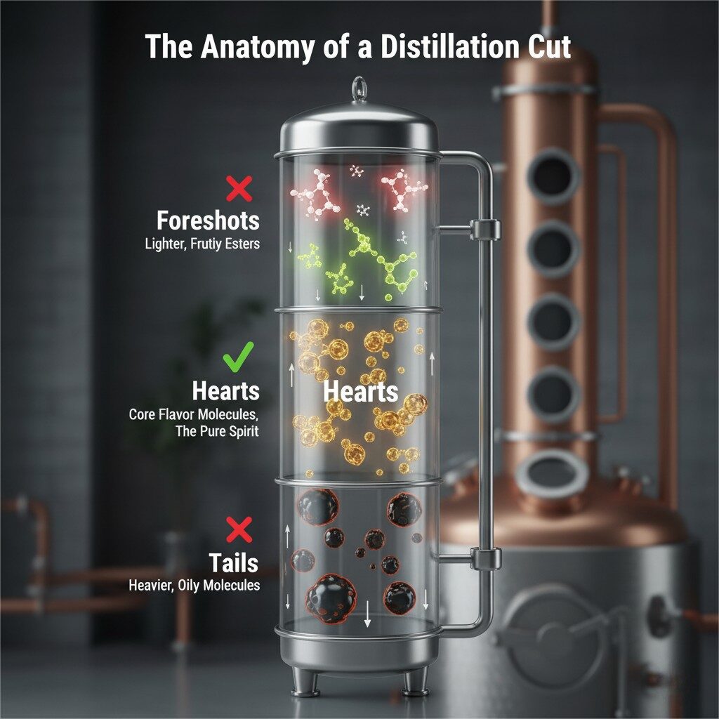 Un diagramme technique propre d'une colonne de distillation intitulé «L'anatomie d'une coupe de distillation». De haut en bas, les sections sont étiquetées: "préfilettes" avec un X rouge et des molécules d'acétone; "Têtes" avec des molécules d'ester plus légères et fruitées; "Coeurs" avec une grande vérification verte et des molécules de saveur de base; et "Tails" en bas avec un X rouge et des molécules plus lourdes et huileuses.