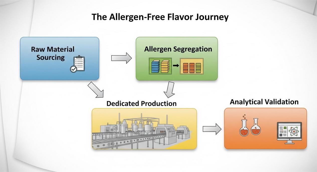 Пошаговая диаграмма блок-схемы под названием «Путешествие без аллергенов». Первая коробка - это «поиск сырья», за которой следует стрелка для «сегрегации аллергенов», затем еще одна стрелка для «выделенного производства» и окончательная стрелка для «аналитической проверки». Каждая коробка содержит соответствующие значки.