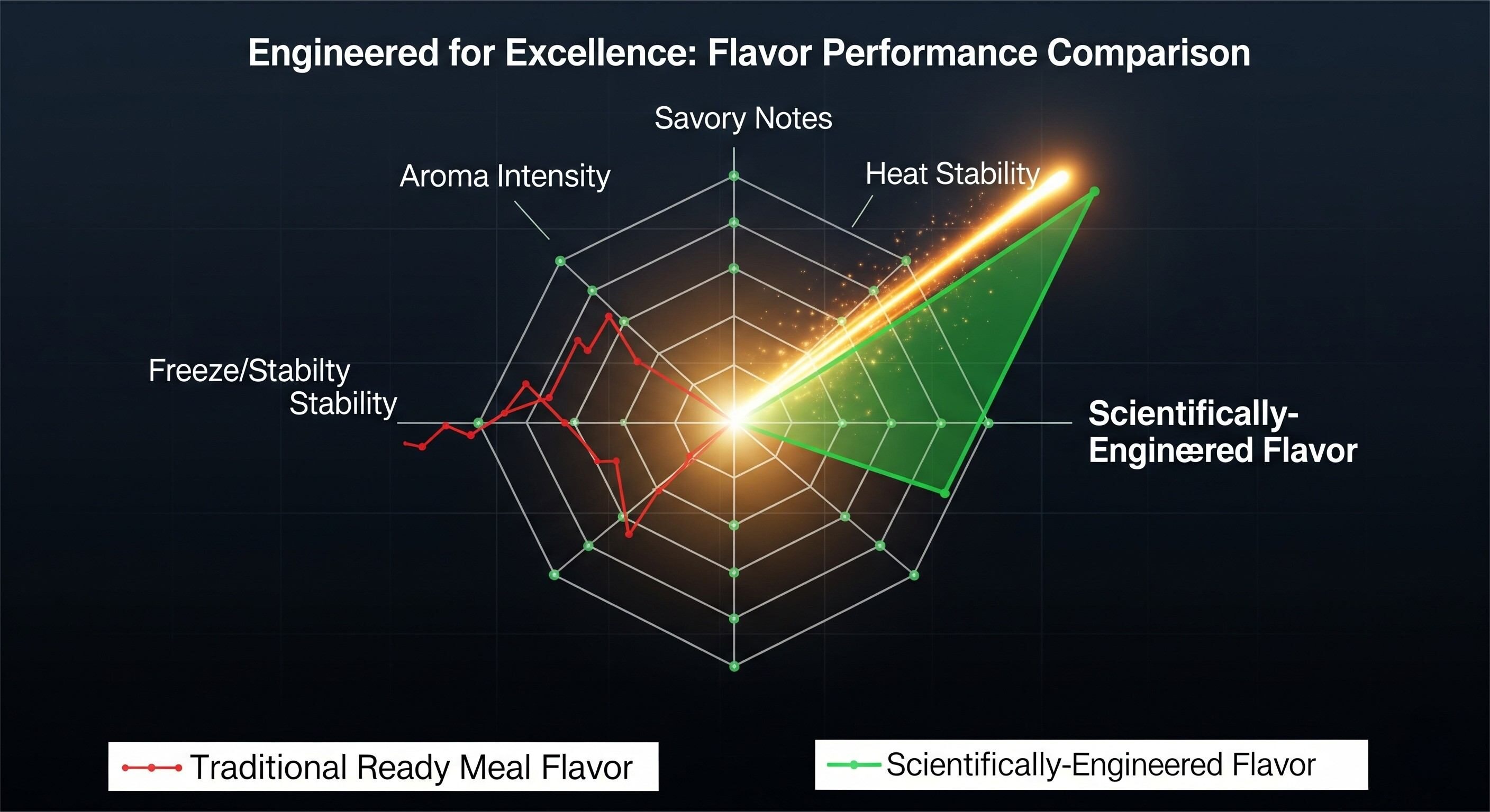 Un graphique radar réaliste intitulé "Conçu pour l'excellence: comparaison des performances de saveur". Une petite forme rouge représente une saveur traditionnelle de repas de la fête avec de faibles scores sur tous les axes. Une grande forme verte robuste représente une saveur scientifiquement conçue avec des scores élevés sur tous les axes, démontrant des performances supérieures dans les notes salées, l'intensité des arômes, la stabilité thermique, la stabilité du gel / dégel et la longévité de la durée de conservation.