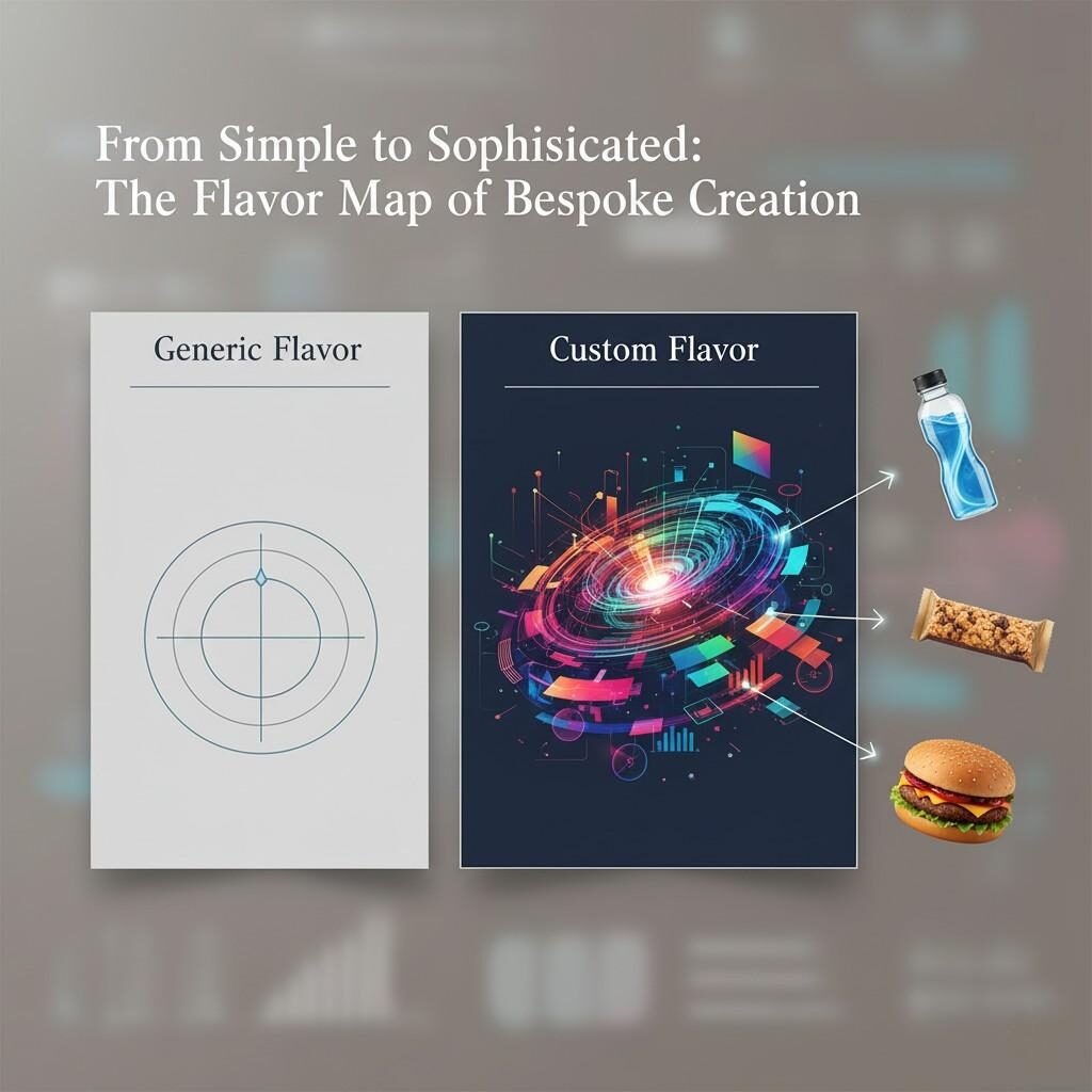 Une infographie intitulée "De simple à sophistiqué: la carte de saveur de la création sur mesure". À gauche, une boîte étiquetée "saveur générique" présente une carte de profil de saveur à deux dimensions limité. À droite, une boîte étiquetée "saveur personnalisée" montre une carte de saveur complexe, multicouche et vibrante. Les flèches s'étendent de la carte de saveur personnalisée à diverses icônes de produits, y compris une boisson pour sportifs, un snack-bar et un hamburger à base de plantes, illustrant la polyvalence des saveurs personnalisées. Le visuel global est convaincant, moderne et a un effet de prise de vue réaliste.