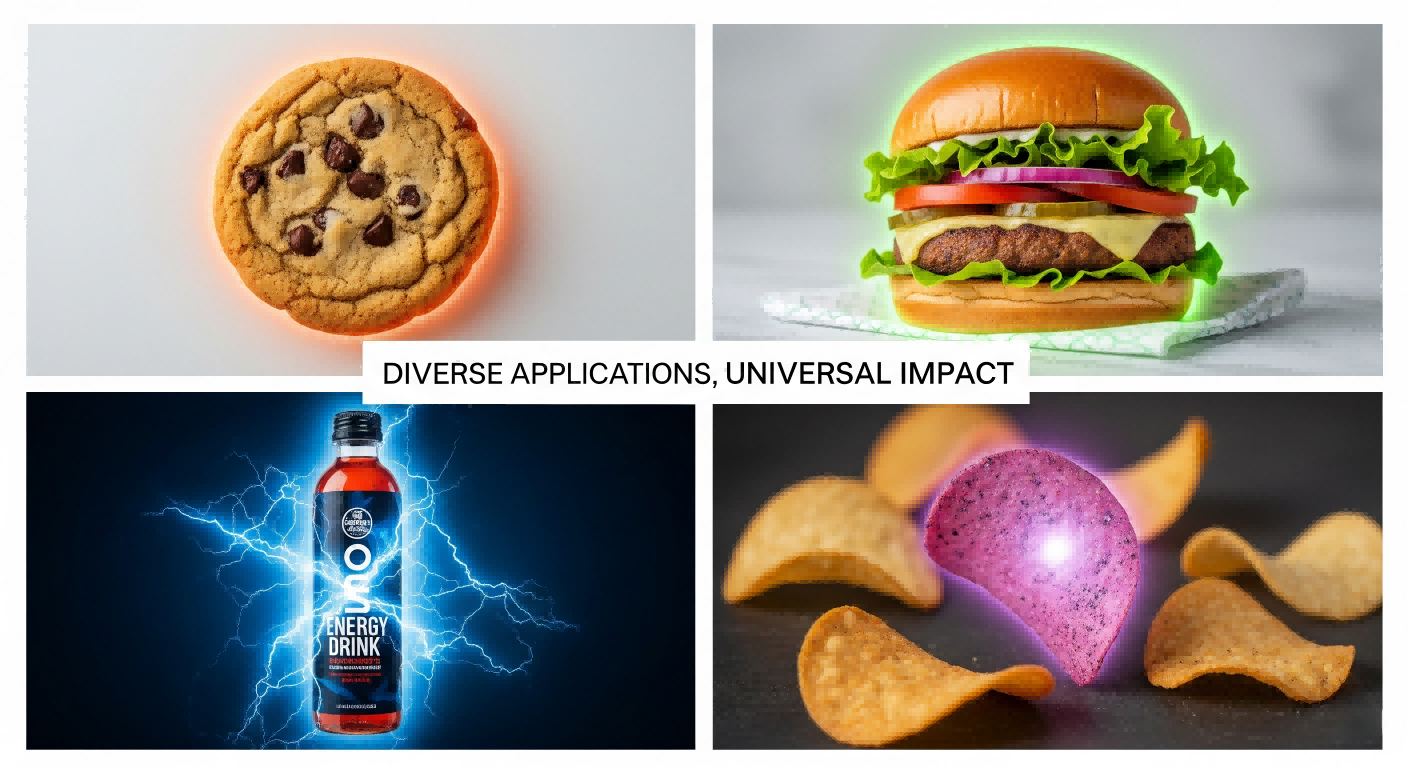 Une grille à quatre panneaux montrant différents produits alimentaires. Le panneau supérieur gauche a un biscuit réduit au sucre avec une lueur orange. Le haut-droit montre un hamburger à base de plantes avec une lueur verte. Le bas à gauche a une boisson énergisante enrichie avec une aura électrique bleue. Le bas à droite a une puce de collation gastronomique avec une lueur violette. Le texte "diverses applications, impact universel" est au centre de la grille.