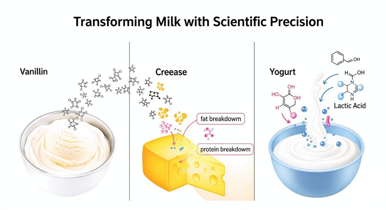 Un graphique multisection intitulé «Transformer le lait avec précision scientifique». La première section montre une cuve tourbillonnante de crème glacée avec des molécules de vanilline réparties. La deuxième section montre une coupe de fromage avec une dégradation de la graisse et des protéines. La troisième section montre une TVA de yaourt avec des bactéries bouillonnantes et des molécules d'acide lactique.
