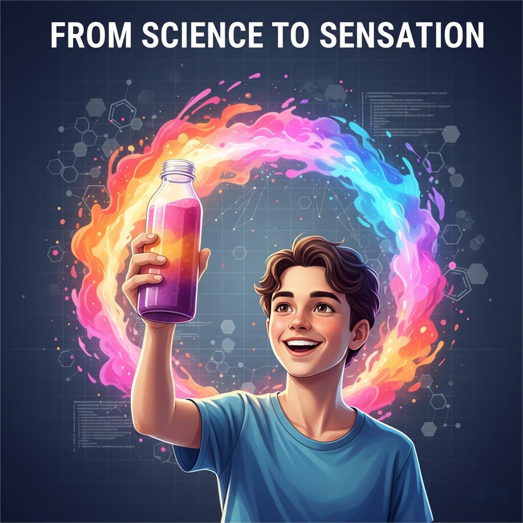 Una ilustración estilizada titulada "De la ciencia a la sensación". Una persona alegre con cabello marrón corto y una camiseta azul está conteniendo una botella de batido transparente llena de una bebida vibrante de color de gradiente (púrpura, naranja, rosa). Un aura grande y colorido, como un anillo de pintura arremolinada en tonos arcoiris, se irradia de la botella, simbolizando una experiencia de sabor positiva. En el fondo, hay una sutil cuadrícula azul oscuro superpuesto con estructuras moleculares débiles e interconectadas y puntos de datos abstractos, que representan la base científica del delicioso producto.