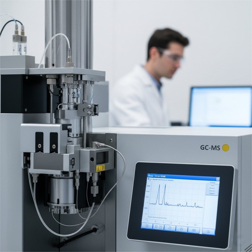 Крупным планом, очень подробной фотографии современной высокотехнологичной аналитической машины, вероятно, системы GC-MS или ВЭЖХ, доминирующая на переднем плане. Сложные компоненты, трубка и цифровой интерфейс научного инструмента находятся в резком фокусе, демонстрируя его сложность и точность. На мягком, размытовом фоне лабораторный техник в белом пальто заметно видна, что указывает на человеческий надзор и опыт в научном процессе. Освещение яркое и профессиональное, улучшая стерильную и передовую лабораторную среду.