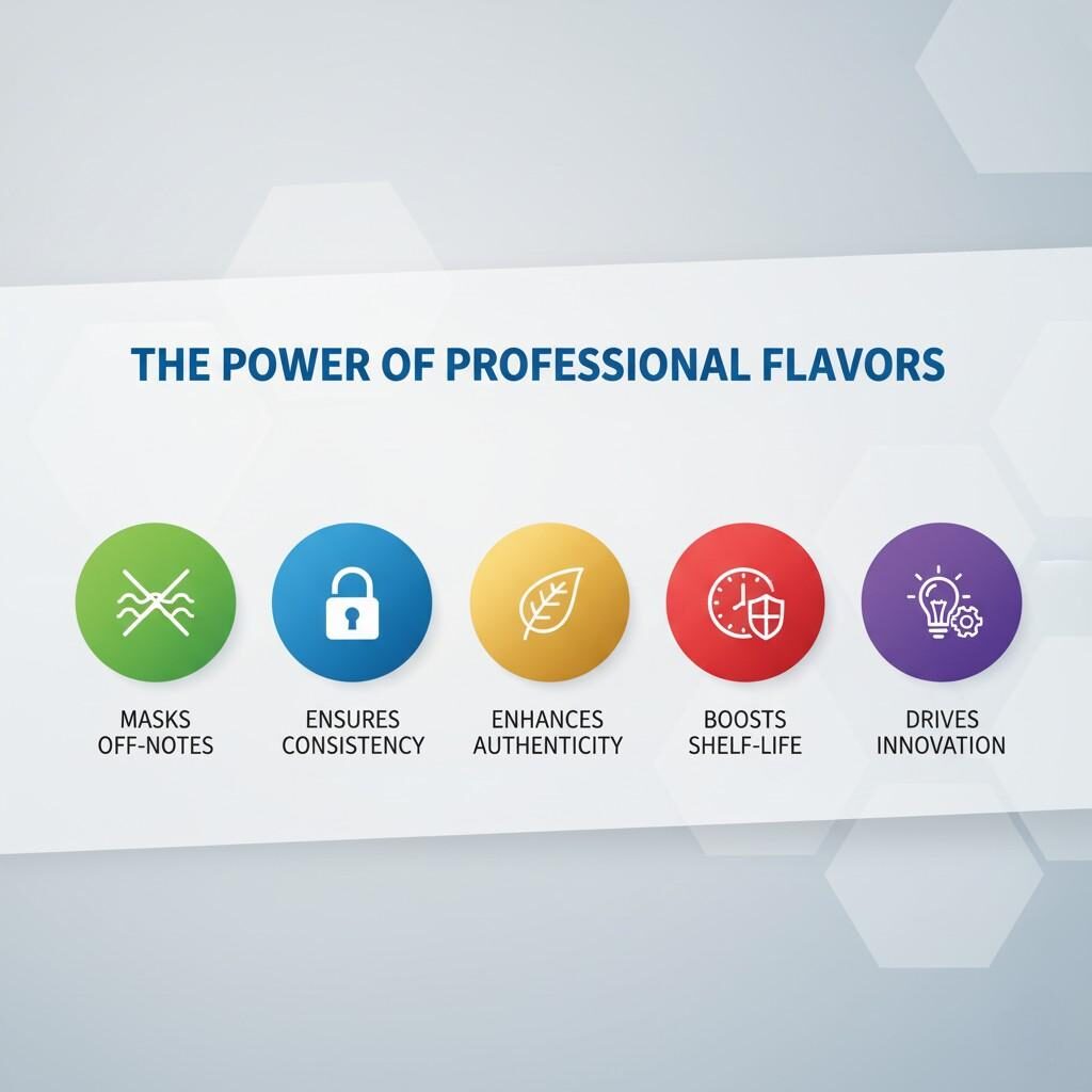 Une infographie convaincante, propre et professionnelle 16: 9 visualisant les principaux avantages de l'utilisation des saveurs professionnelles. La conception intègre des icônes distinctes et un texte concis pour chaque point de prestations, y compris les «masques hors notes», «assure la cohérence», «améliore l'authenticité», «stimule la durée de conservation» et «Drive Innovation». La mise en page est facile à lire, avec une esthétique moderne et un style graphique réaliste, ce qui rend les informations facilement digestibles pour un public de blog.