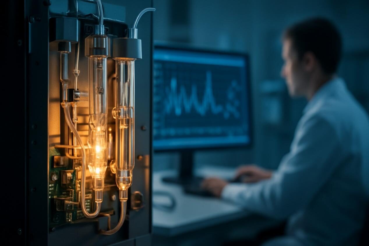 Un gros plan d'un intérieur de laboratoire. Les tubes en verre et les composants électroniques d'un instrument analytique de haute technologie brillent dans la faible lumière. En arrière-plan, un scientifique surveille les données de forme d'onde sur un écran d'ordinateur, créant une atmosphère de précision de précision et de pointe.
