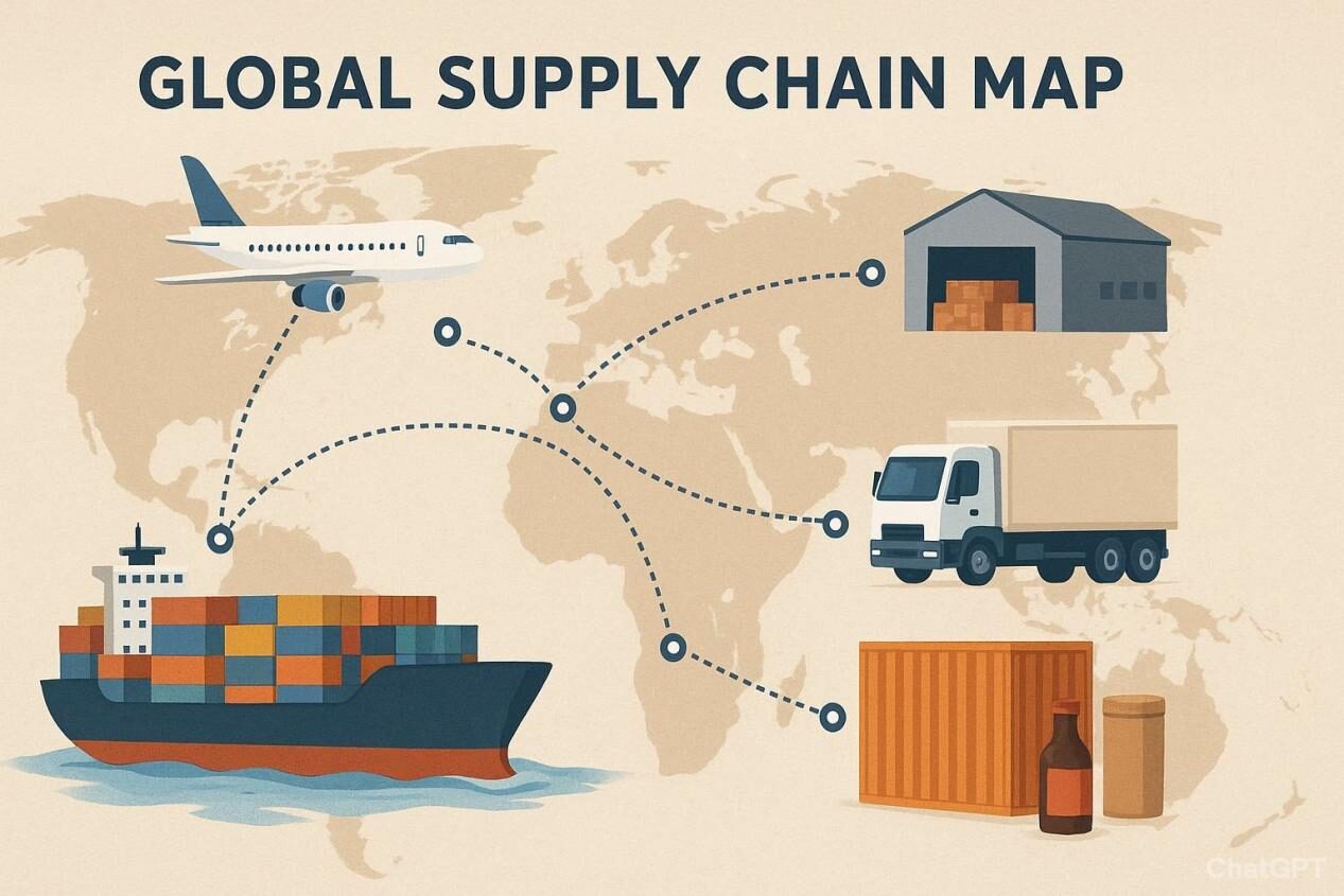 Illustration mondiale de la chaîne d'approvisionnement montrant le flux logistique pour les saveurs de nourriture et de boissons avec des navires, des plans, des camions et des entrepôts connectés dans un réseau numérique.