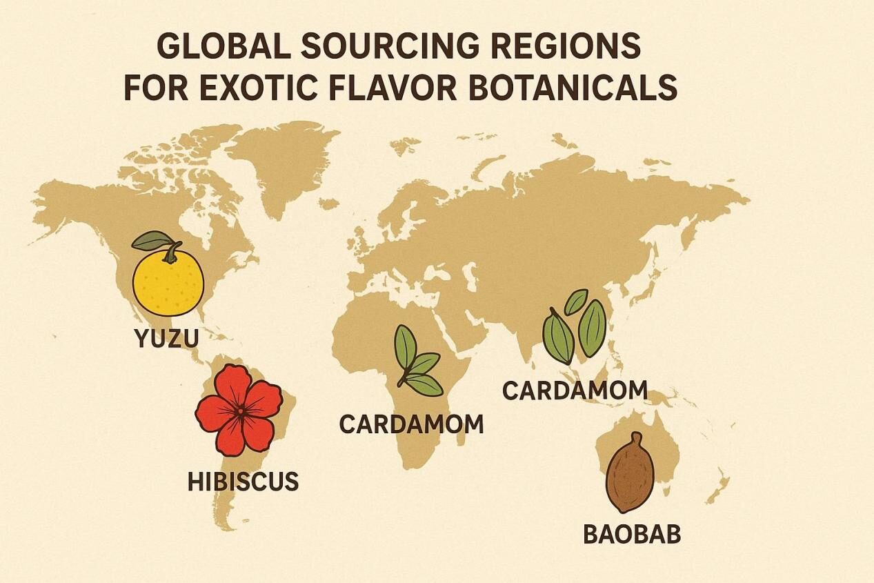 Carte du monde mettant en évidence les régions d'approvisionnement mondiales pour des plantes à saveur exotique.