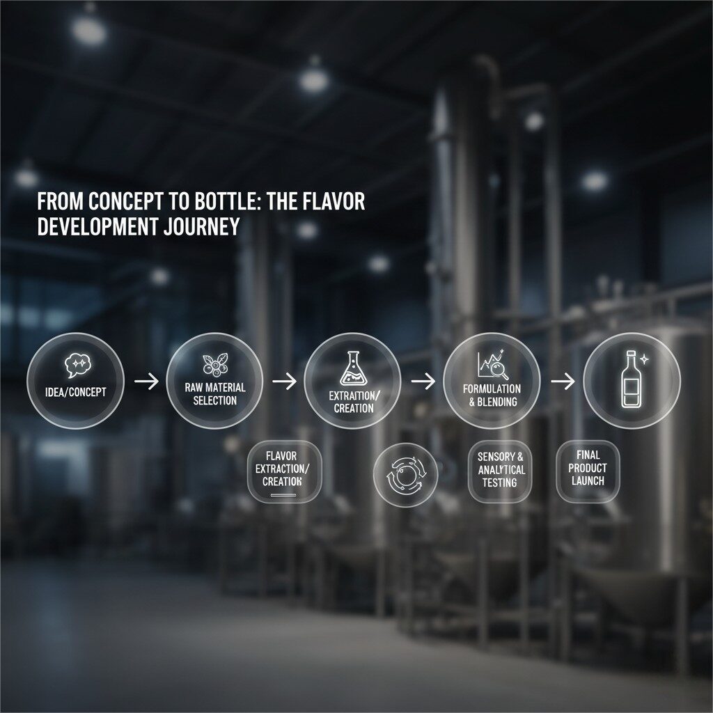 Un organigramme intitulé "De concept à la bouteille: le voyage de développement des saveurs". Il montre les étapes suivantes: "idée / concept" avec une bulle de pensée, conduisant à la "sélection des matières premières" avec des icônes pour les plantes et les fruits. Ensuite, "Extraction / création de saveurs" avec un bécher de laboratoire, puis "Formulation et mélange" avec des flèches de mélange. Cela conduit à des «tests sensoriels et analytiques» avec un graphique, et enfin du «lancement final du produit» avec une icône de bouteille. L'esthétique globale est propre et moderne.