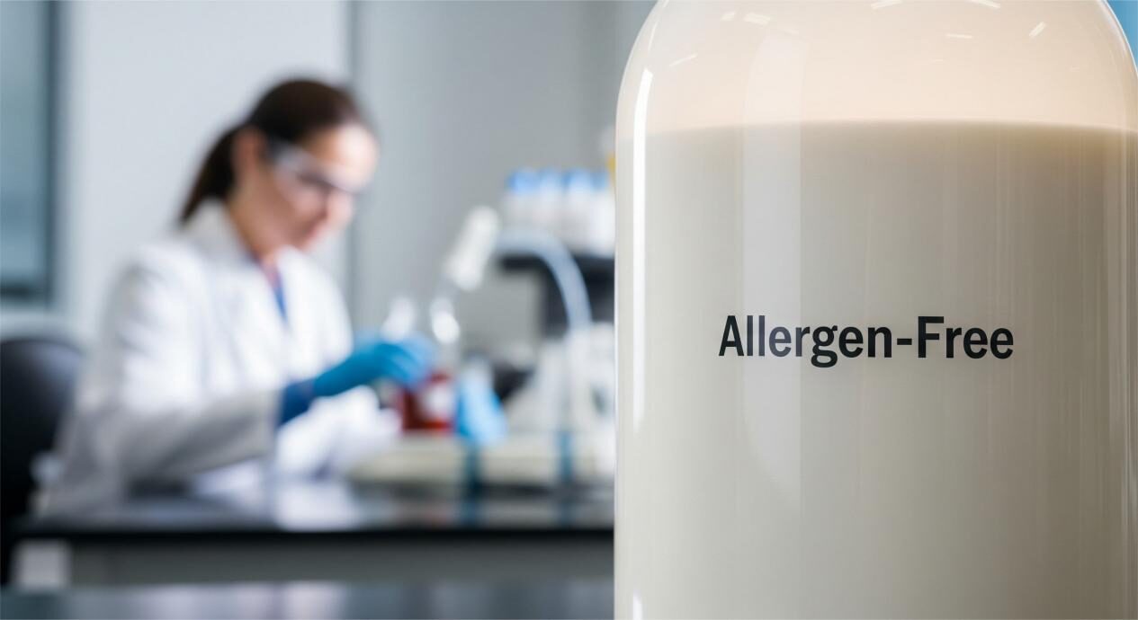 Крупным планом фотографии идеально смешанного продукта в бутылке с чистой «без аллергенов». Изображение красиво освещено, и на заднем плане ученый тонко не сфокусирован на лабораторной скамейке, символизируя научную строгость. Название «Нерушимое обещание: безопасное и вкусное».