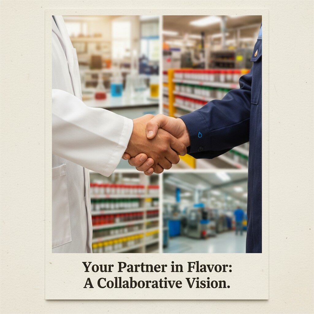 Un plan rapproché de deux personnes se serrant la main, intitulée «Votre partenaire dans la saveur: une vision collaborative». Une personne porte une blouse de laboratoire blanche, représentant un développeur de produits. L'autre porte un uniforme bleu foncé avec une icône de gouttelettes de saveur bleu subtile sur la manche, représentant un expert en saveur. L'arrière-plan est un collage vibrant et incontrôlable des scènes: un laboratoire de développement de produits avec des béchers et des tubes à essai, une bibliothèque de saveurs avec des étagères d'ingrédients colorés et un plancher d'usine avec des machines, suggérant l'intégration transparente des opérations du concept à la production. L'image a un effet photographique réaliste et légèrement vieilli.