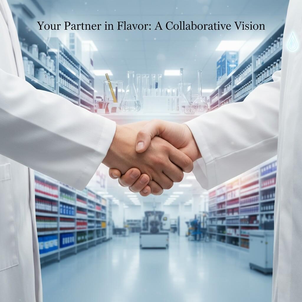 Un plan rapproché d'une poignée de main entre un développeur de produits portant une blouse de laboratoire et un expert en saveur dont l'uniforme comporte subtilement une icône de gouttelettes de saveur. L'arrière-plan est une scène dynamique et hors de focus représentant un laboratoire de développement de produits, une bibliothèque de saveurs et un plancher d'usine, suggérant une intégration transparente entre les opérations. Le titre global est "Votre partenaire dans la saveur: une vision collaborative".