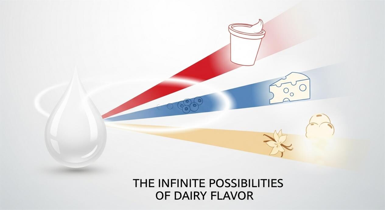 Un graphique abstrait avec une icône centrale du lait. Des rayons colorés représentant des saveurs comme la fraise, la myrtille et la vanille, passant par un filtre et l'atterrissage sur les icônes d'une tasse de yaourt, un coin de fromage et un cornet de crème glacée. Le message est «les possibilités infinies de la saveur laitière».