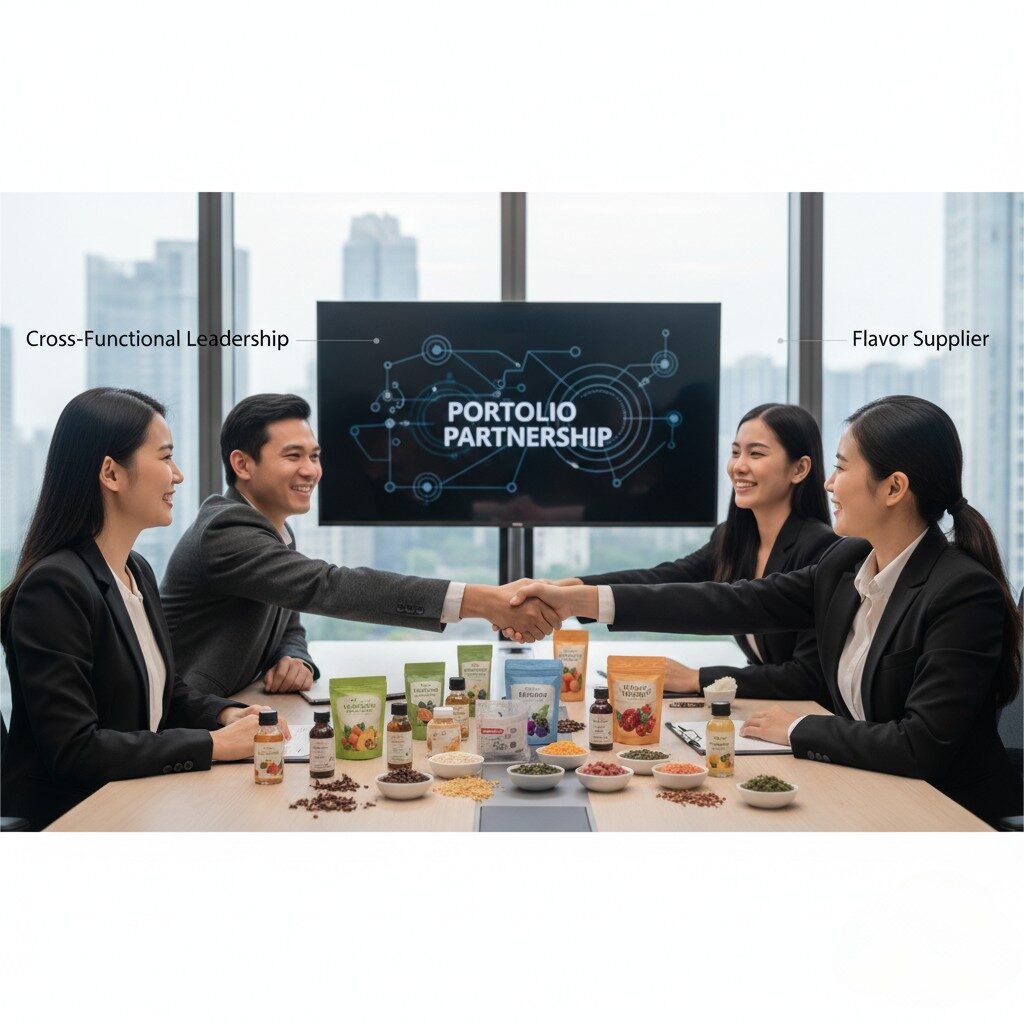 Leadership Handshake avec des échantillons de fournisseur de saveurs et de produits symbolisant le partenariat de portefeuille.