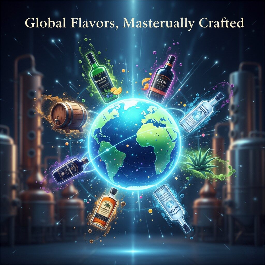 Une illustration dynamique et à haute énergie intitulée "Flavors mondiaux, magistralement conçue". Un globe stylisé est entouré de diverses icônes spirituelles, y compris un baril de whisky, une bouteille de gin avec des plantes et une plante d'agave de tequila, représentant les tendances des saveurs mondiales. Le visuel est dynamique et optimiste, suggérant un avenir de possibilités de saveurs illimitées.