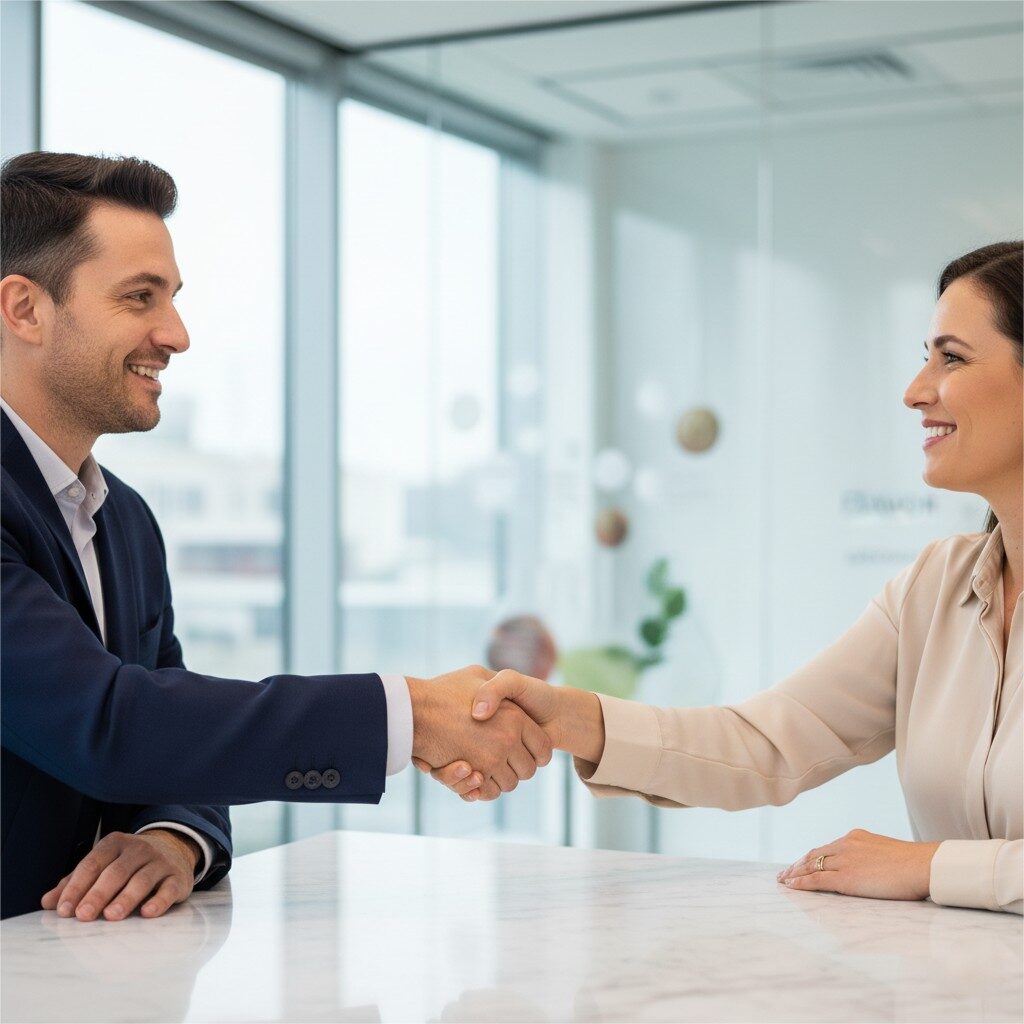 Профессиональный, средний крупный план из двух человек, занимающихся твердым рукопожатием по современному чистую столу. Оба человека одеты в деловую одежду, передавая профессионализм. Обстановка яркая и современная, возможно, офис или конференц -зал. На мягком размытовом фоне есть намеки на современное применение вкуса или чистую лабораторную обстановку, тонко подключая партнерство с основным бизнесом бренда. Рукопожатие передает уверенность, согласие и общий успех.
