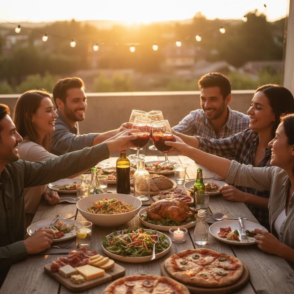 Une image chaleureuse et accueillante 16: 9 capturant un groupe diversifié de personnes partageant joyeusement un repas. La scène montre que les individus riant et conversant autour d'une table magnifiquement définie chargée d'une variété de délicieux plats et boissons. L'atmosphère est joyeuse et connectée, avec un éclairage réaliste et une sensation naturelle, mettant l'accent sur le plaisir commun de la nourriture et les connexions émotionnelles qu'elle favorise. L'image résume parfaitement le but ultime de la saveur: créer des expériences mémorables.