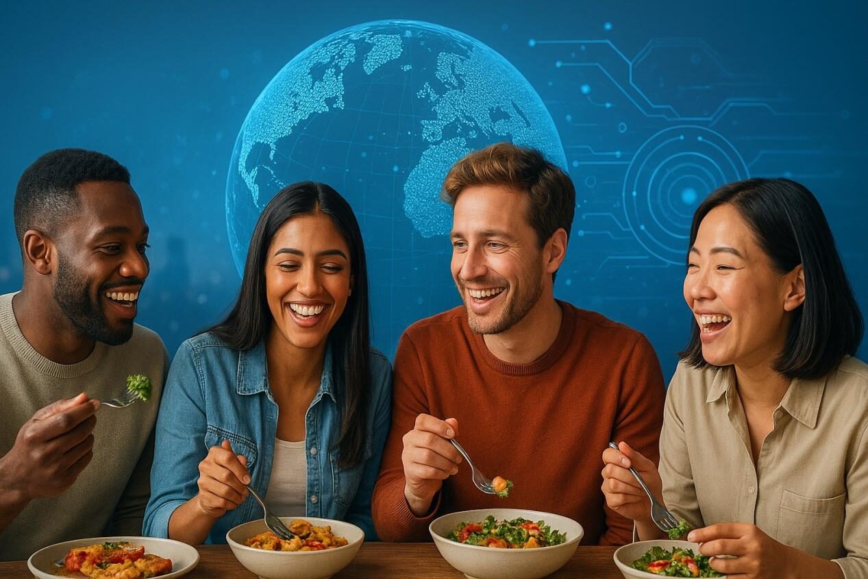 Una imagen realista y prospectiva que simboliza la innovación y la conexión global en los alimentos, que muestra a un grupo diverso de personas que disfrutan de la cocina moderna en una atmósfera optimista y futurista.