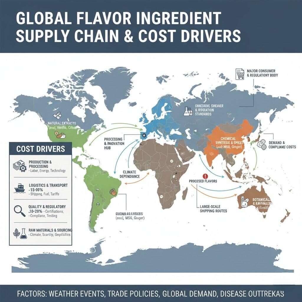 Une carte de la chaîne d'approvisionnement mondiale illustrant les régions clés pour la production et la transformation des ingrédients aromatiques, mettant en évidence les principaux facteurs de coûts tels que l'approvisionnement en matières premières, la logistique, le contrôle qualité et la conformité réglementaire, et montrant les zones d'extraits naturels, de synthèse chimique et de centres de transformation.