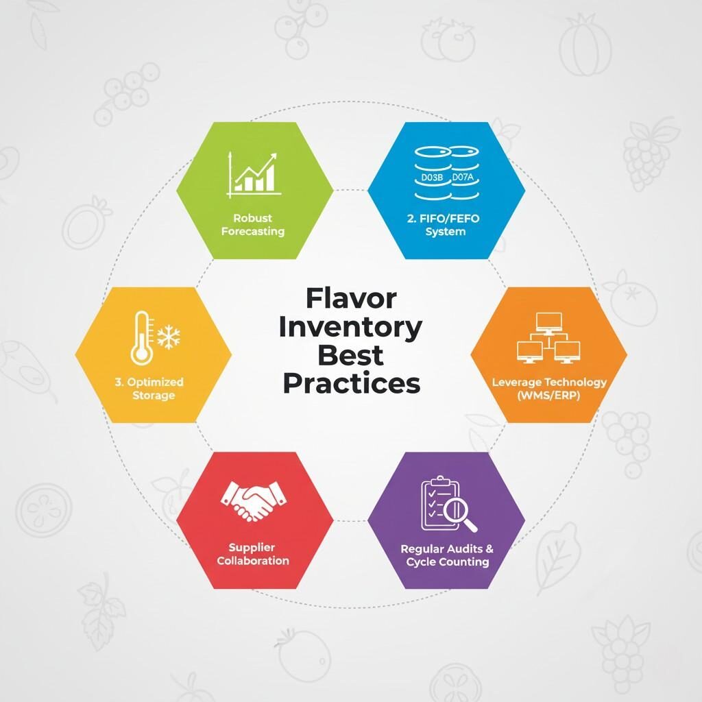 inventaire des arômes, bonnes pratiques, infographie, gestion des stocks, prévisions robustes, FIFO, FEFO, stockage optimisé, WMS, ERP, collaboration avec les fournisseurs, audits réguliers, inventaire tournant, fabrication alimentaire, optimisation de la chaîne d'approvisionnement, industrie des arômes, sécurité alimentaire, contrôle des stocks, gestion des entrepôts, efficacité opérationnelle