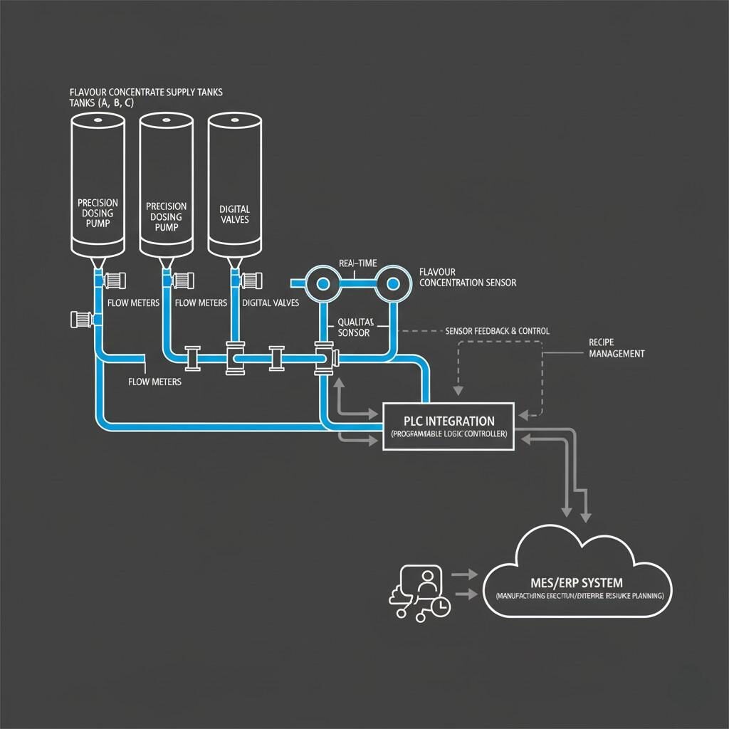 Explorez un schéma d'ingénierie détaillé illustrant un système automatisé de dosage d'arômes. Ce diagramme met en évidence les composants clés tels que les réservoirs d'alimentation en concentré, les pompes de précision, les débitmètres, les vannes numériques, l'intégration PLC pour le contrôle, les boucles de rétroaction des capteurs pour la concentration des arômes et la connectivité aux systèmes MES/ERP pour une gestion complète et des flux de données.