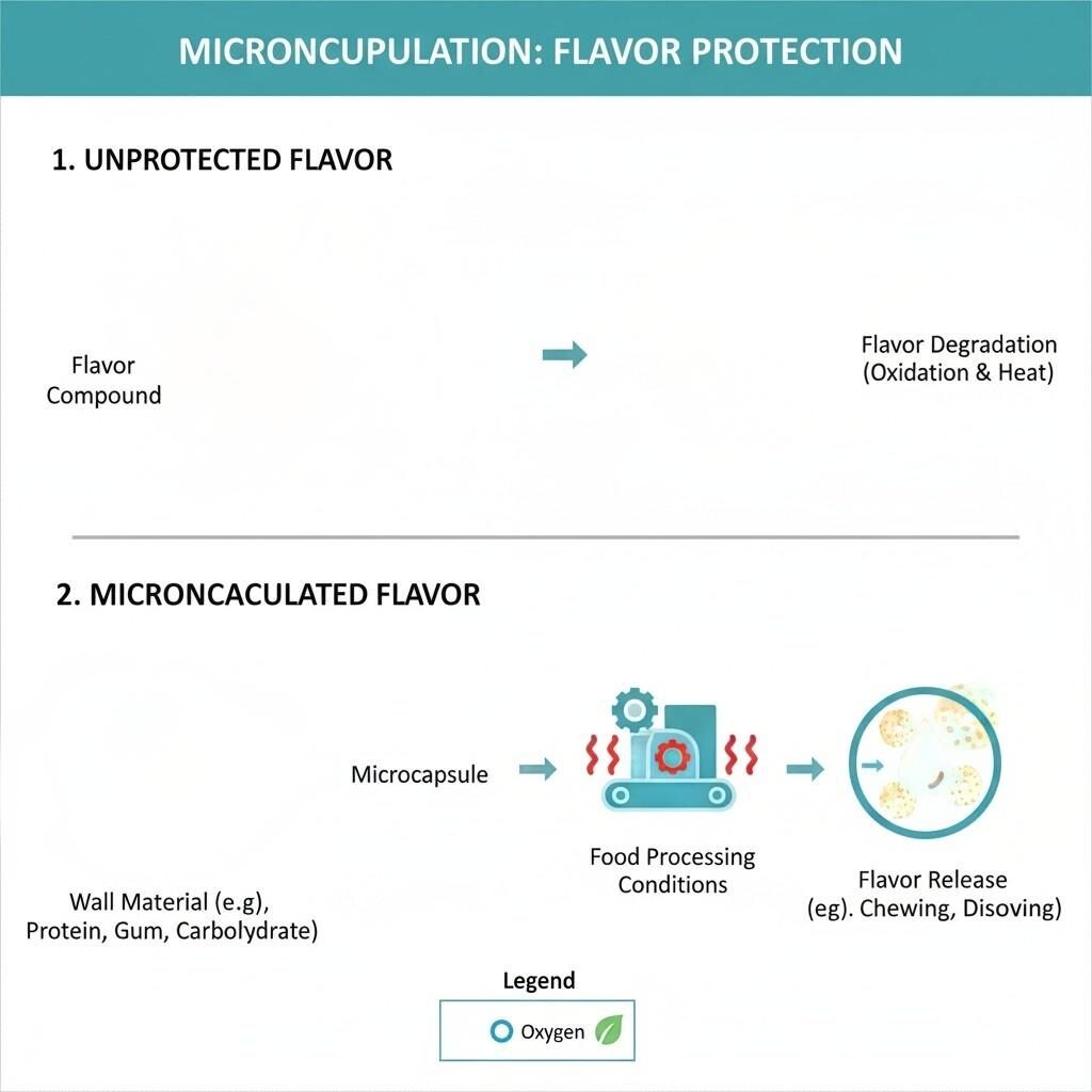 Ce diagramme illustre le rôle essentiel de la microencapsulation dans la protection des composés aromatiques délicats contre l'oxydation et la dégradation thermique, garantissant ainsi la stabilité et la qualité de l'arôme tout au long de la transformation et du stockage des aliments.