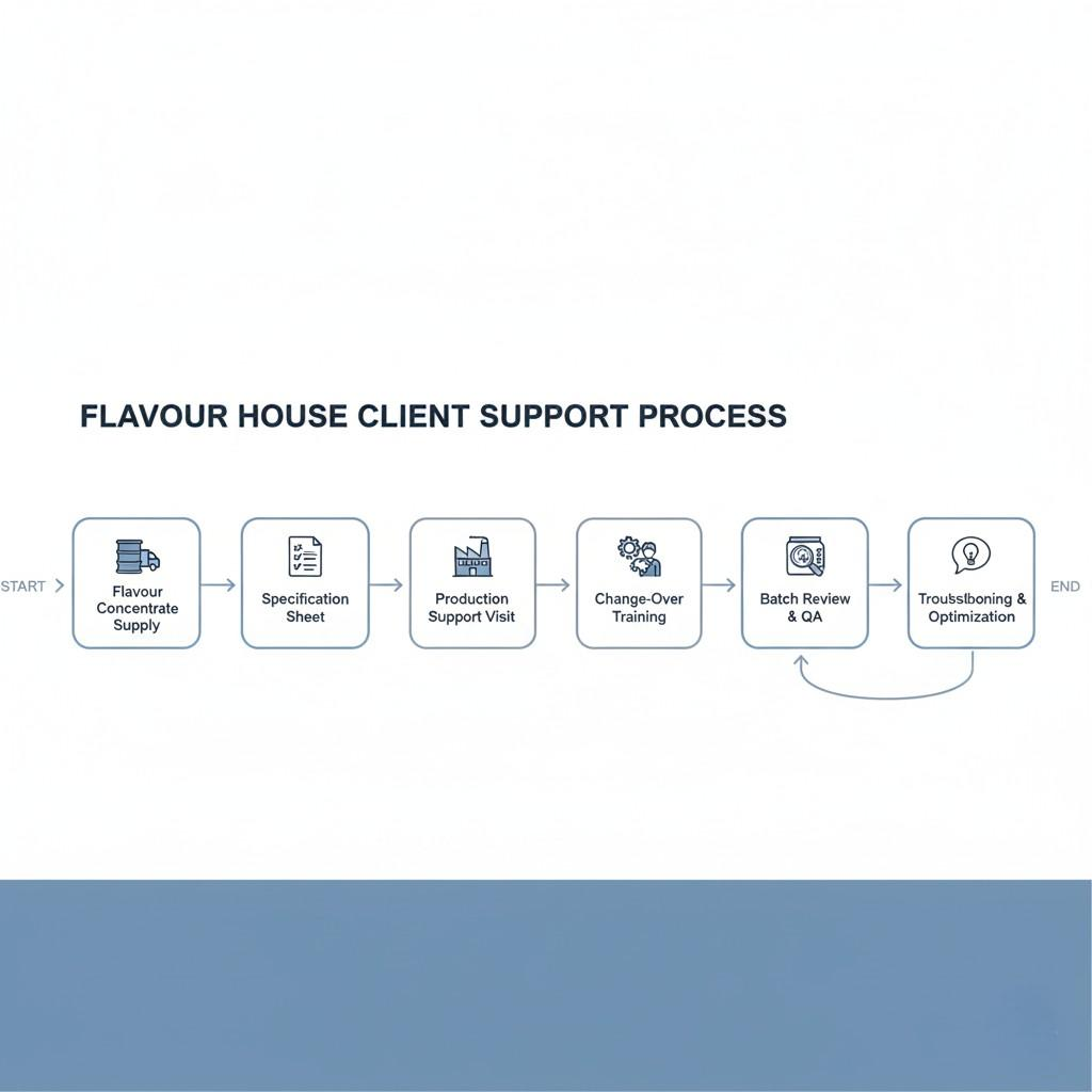 Visualisez le processus d'accompagnement complet proposé par une maison d'arômes à ses clients. Ce diagramme illustre les étapes allant de l'approvisionnement en concentré d'arôme et des fiches techniques aux visites d'assistance à la production, en passant par la formation au changement, l'examen des lots et le dépannage crucial pour une intégration de fabrication optimale.