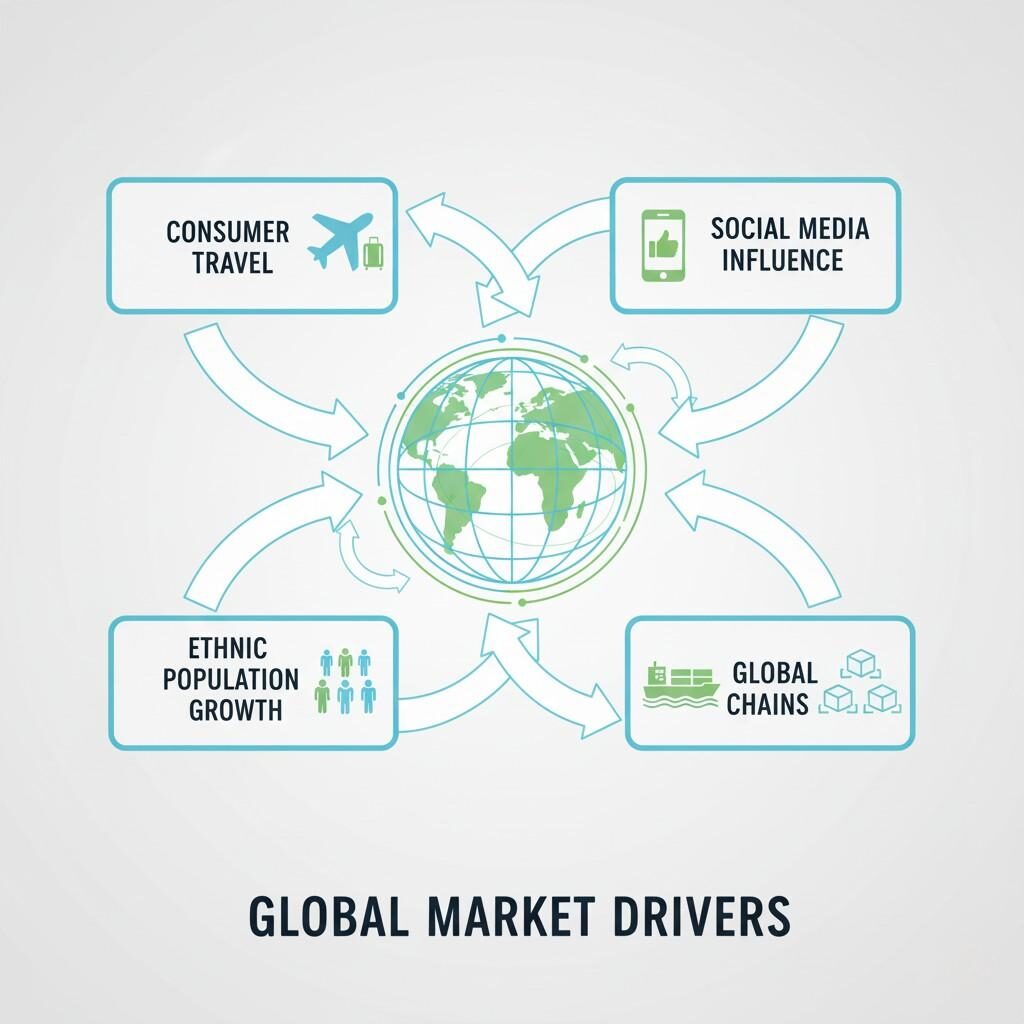 Une infographie illustrant les moteurs du marché mondial interconnectés, présentant des catégories telles que les voyages de consommation, l'influence des médias sociaux, la croissance de la population ethnique et les chaînes d'approvisionnement mondiales, ainsi que leur impact sur le commerce mondial.