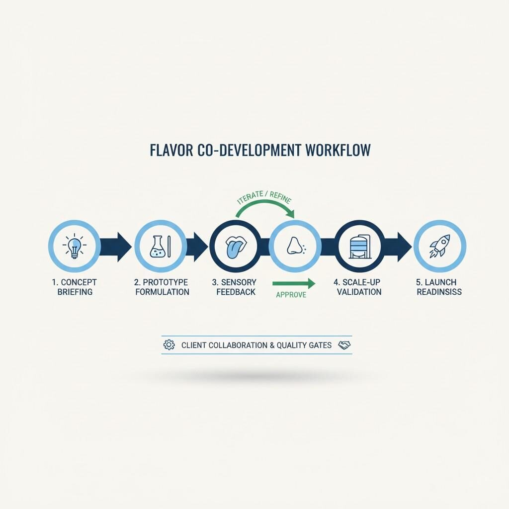 Un organigramme clair illustrant le flux de travail de co-développement des arômes, détaillant chaque étape cruciale depuis le briefing initial du concept et la formulation du prototype, en passant par le retour sensoriel itératif et le raffinement, jusqu'à la validation à grande échelle et la préparation finale au lancement. Ce diagramme met l'accent sur la collaboration avec le client et les critères de qualité critiques tout au long du processus.