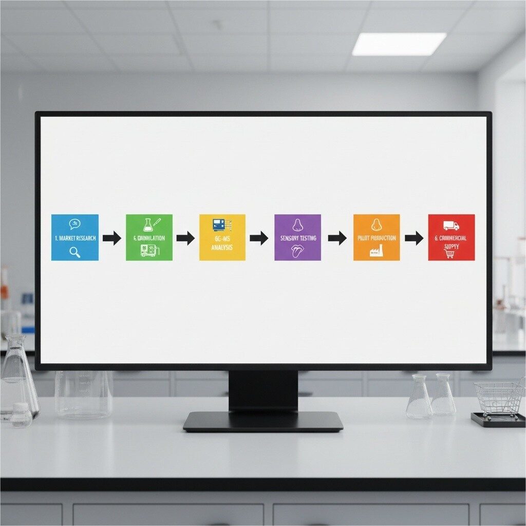 مخطط انسيابي واضح وموجز يوضح بشكل مرئي المراحل الستة الرئيسية لتطوير النكهة، بدءًا من أبحاث السوق الأولية وصياغتها وحتى تحليل GC-MS المتقدم، والاختبارات الحسية، والإنتاج التجريبي، والإمداد التجاري النهائي. مثالية لفهم النهج المنهجي لجلب نكهات جديدة إلى السوق.