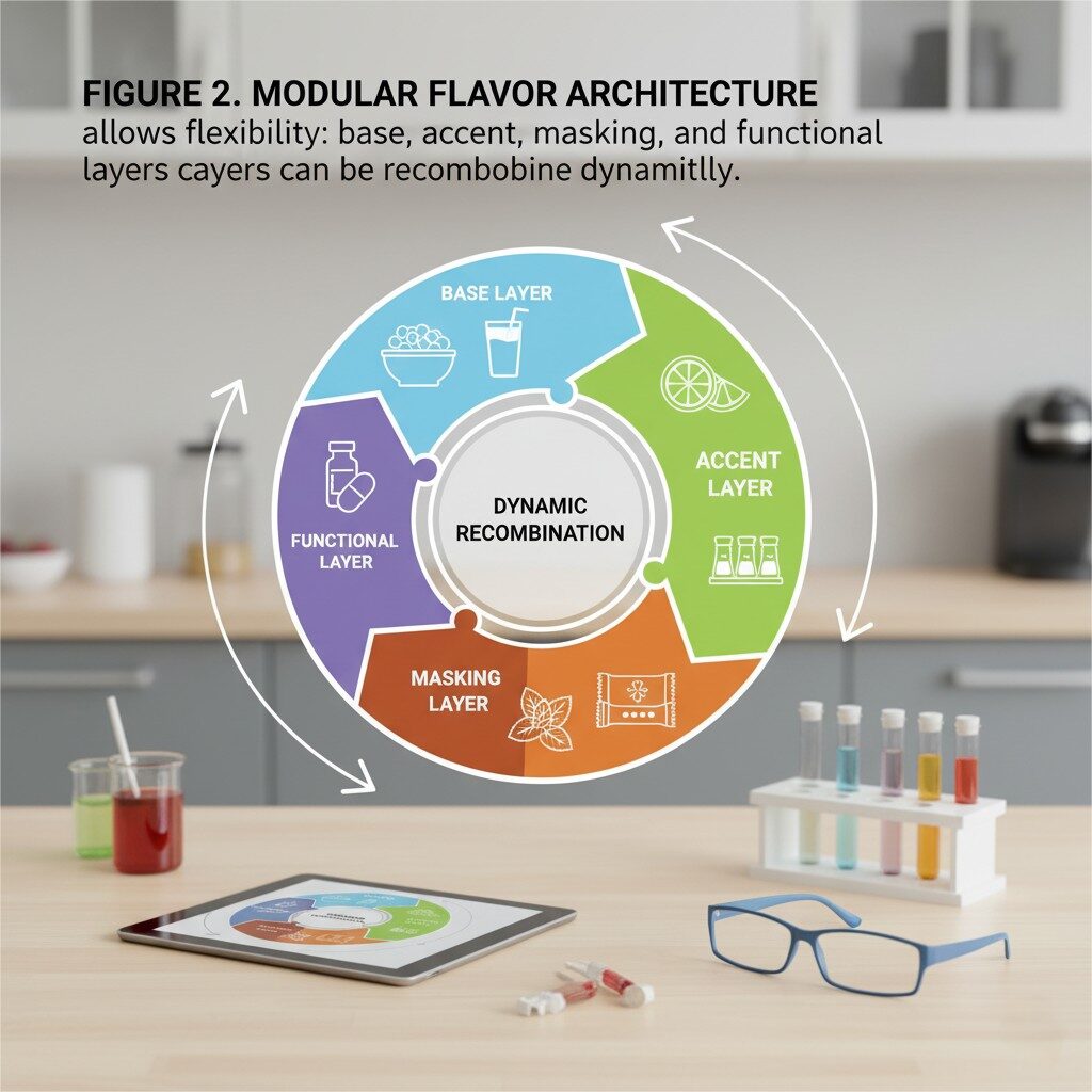 Découvrez l'architecture modulaire des arômes, démontrant comment les couches de base, d'accent, de masquage et fonctionnelles peuvent être recombinées de manière dynamique pour créer des profils d'arômes hautement flexibles et personnalisables dans les aliments et les boissons.