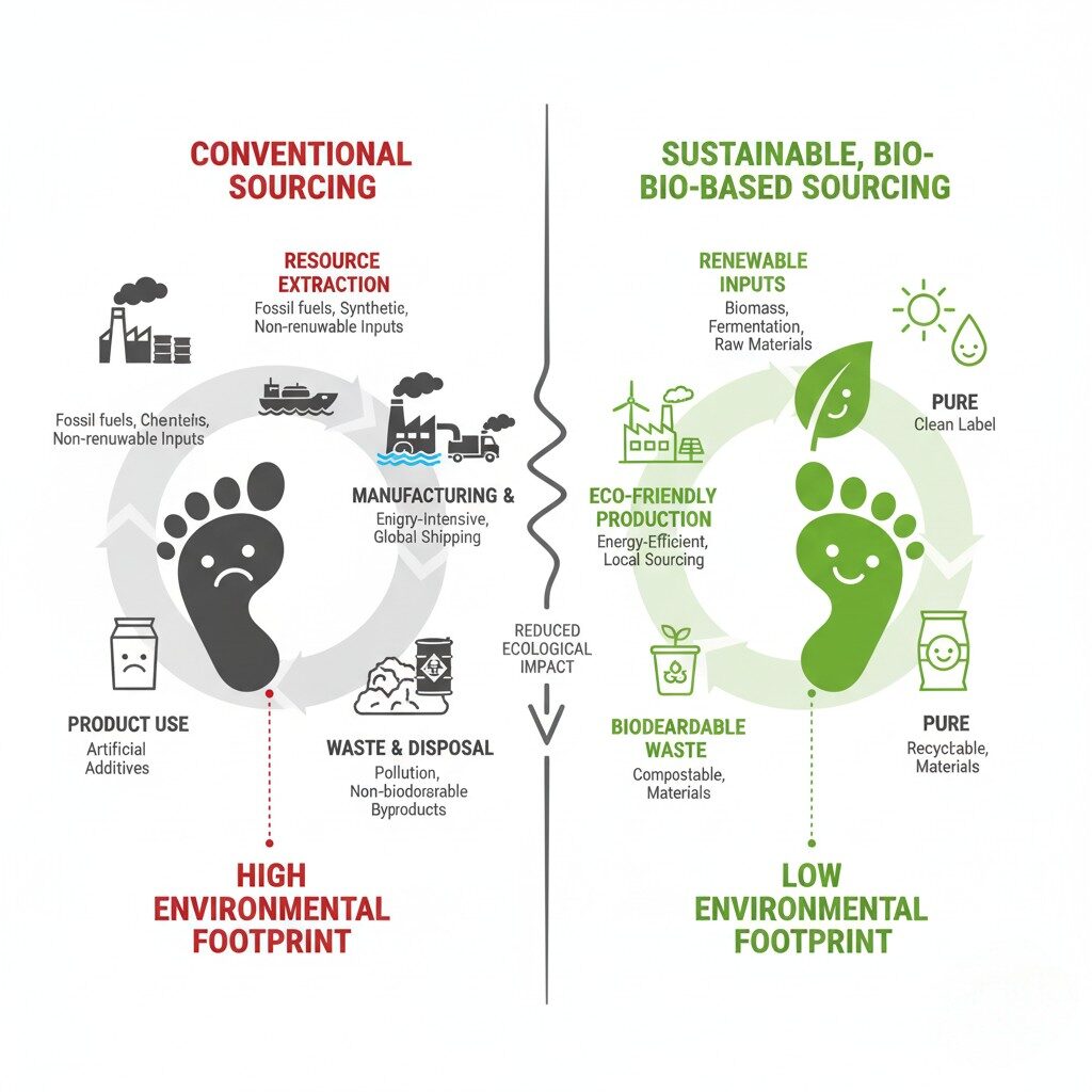 Ce diagramme de cycle de vie compare l'empreinte environnementale de l'approvisionnement en arômes conventionnel (montrant une extraction élevée de ressources, une fabrication à forte intensité énergétique et des déchets importants) à l'approvisionnement en arômes durable et d'origine biologique (mettant en avant les intrants renouvelables, la production respectueuse de l'environnement et les déchets biodégradables pour un impact écologique nettement inférieur).